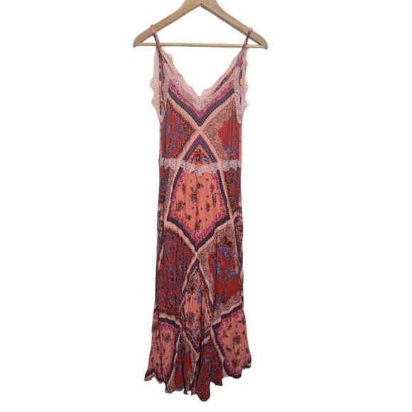Free People Stevie Scarf Print Maxi Dress Boho Floral Lace Trim Slip Style Size - Picture 8 of 10
